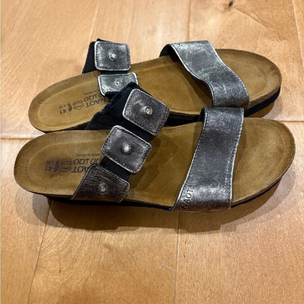 Naot Ashley leather gunmetal gray slides sandals rhinestone sz 41 or 10
